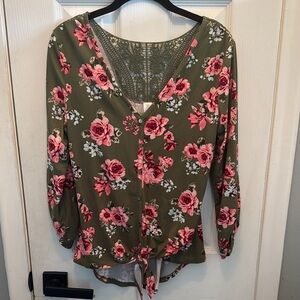 No Boundaries Olive and Pink Floral Blouse